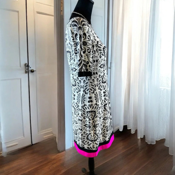 Eliza J Black & White Damask Pattern Dress with Pink Trim, Size 8 Short Sleeve S - Picture 5 of 7